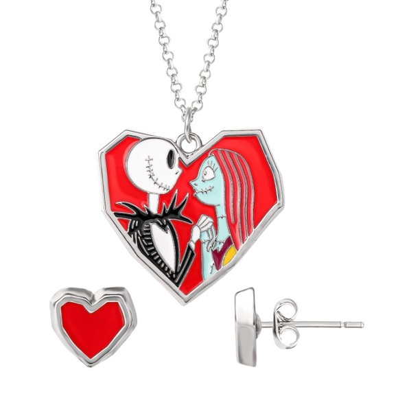 Jack Sally Skellington Heart Necklace Earrings Set Nightmare Before Christmas - Picture 3 of 9